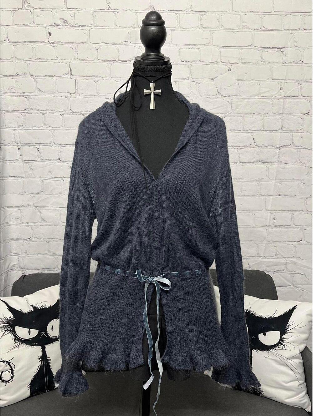 Euro Brand Yessica C&A Grey Blue Mohair Blend Buttoned Cardigan Tiered Waist XL
